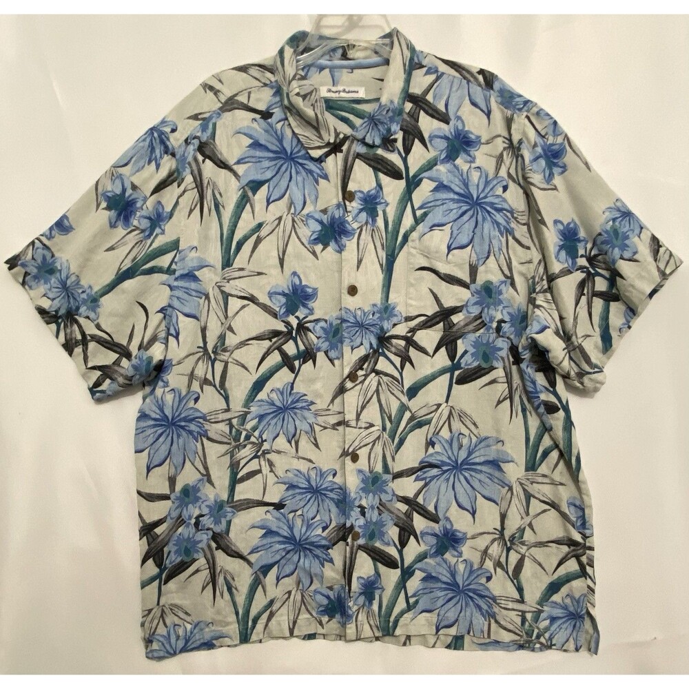 Tommy Bahama Men’s XXL 100% Silk Blue Floral Hawaiian Camp Shirt